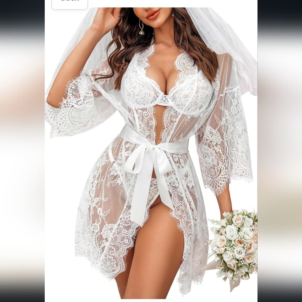 Black Women's Lace Kimono Robe Babydoll Lingerie Mesh Nightgown S-5XL - Thumbnail 9