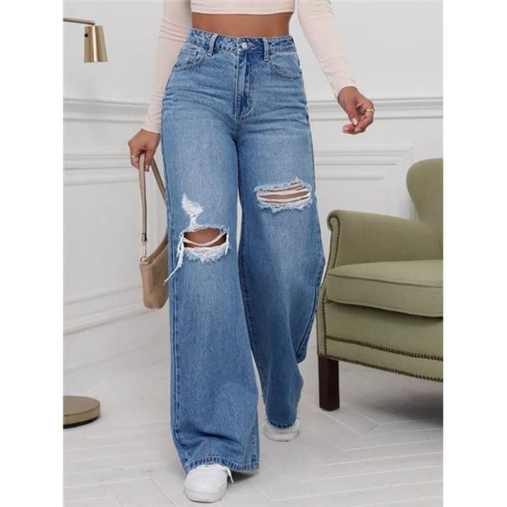 High Waist Ripped Wide Leg Jeans - Thumbnail 5