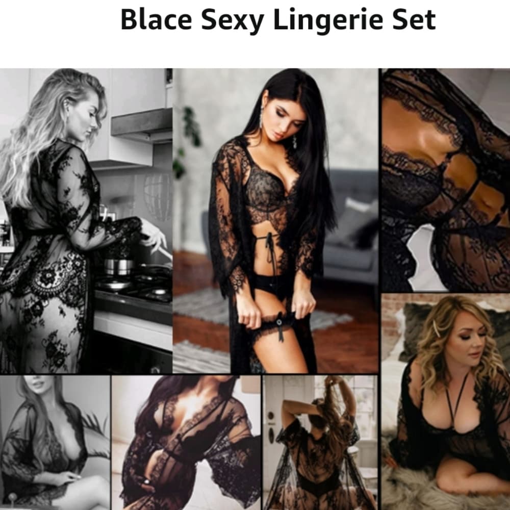 Black Women's Lace Kimono Robe Babydoll Lingerie Mesh Nightgown S-5XL - Thumbnail 7