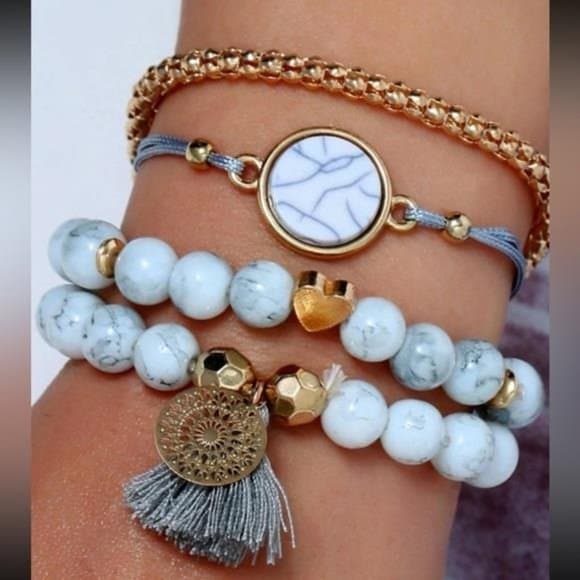 White bead tassel heart Gold Tone Bracelet set - Thumbnail 10