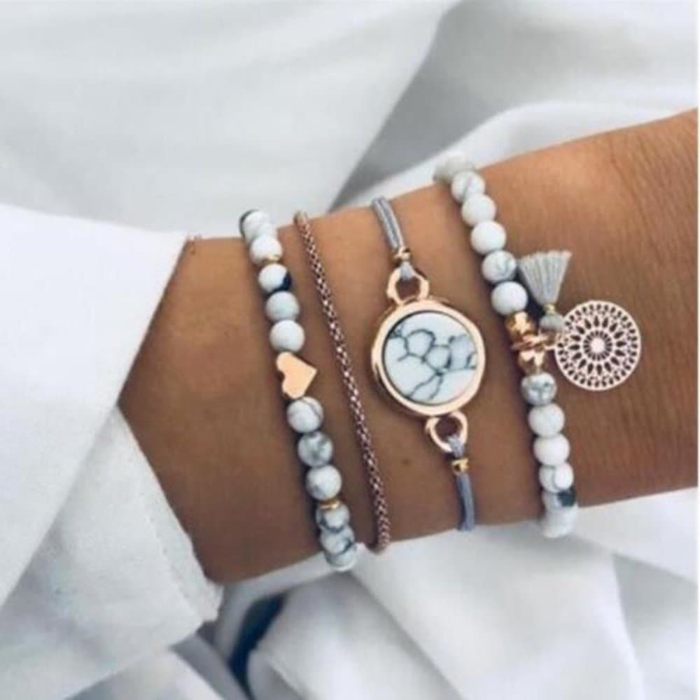 White bead tassel heart Gold Tone Bracelet set - Thumbnail 5