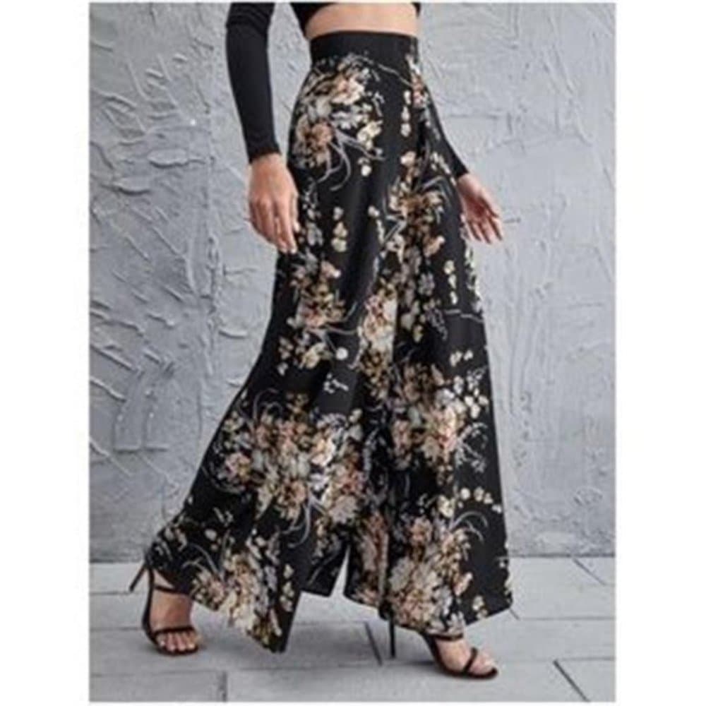 Solid Split Leg Hem Belted Wide Leg Palazzo Pants - Thumbnail 4