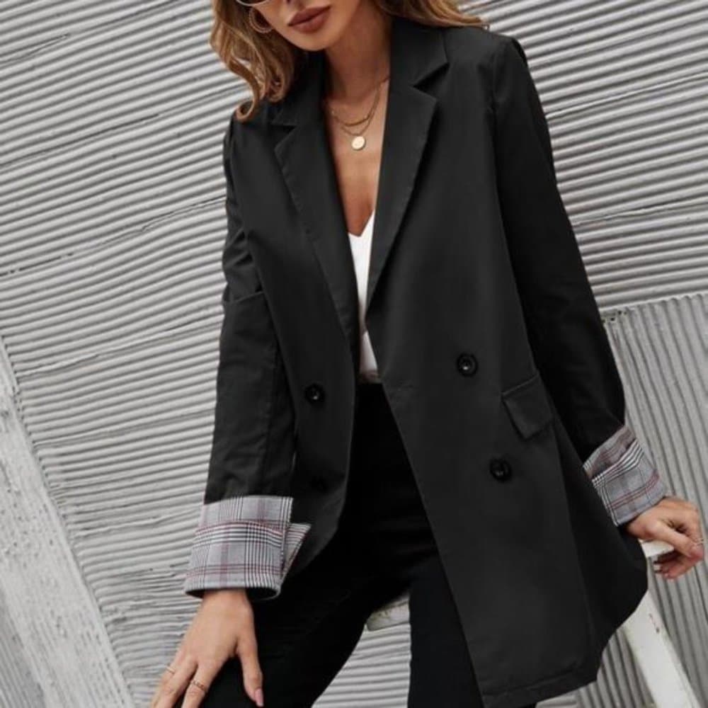 Classic Army Green Plaid Cuff Button Blazer Work - Thumbnail 5
