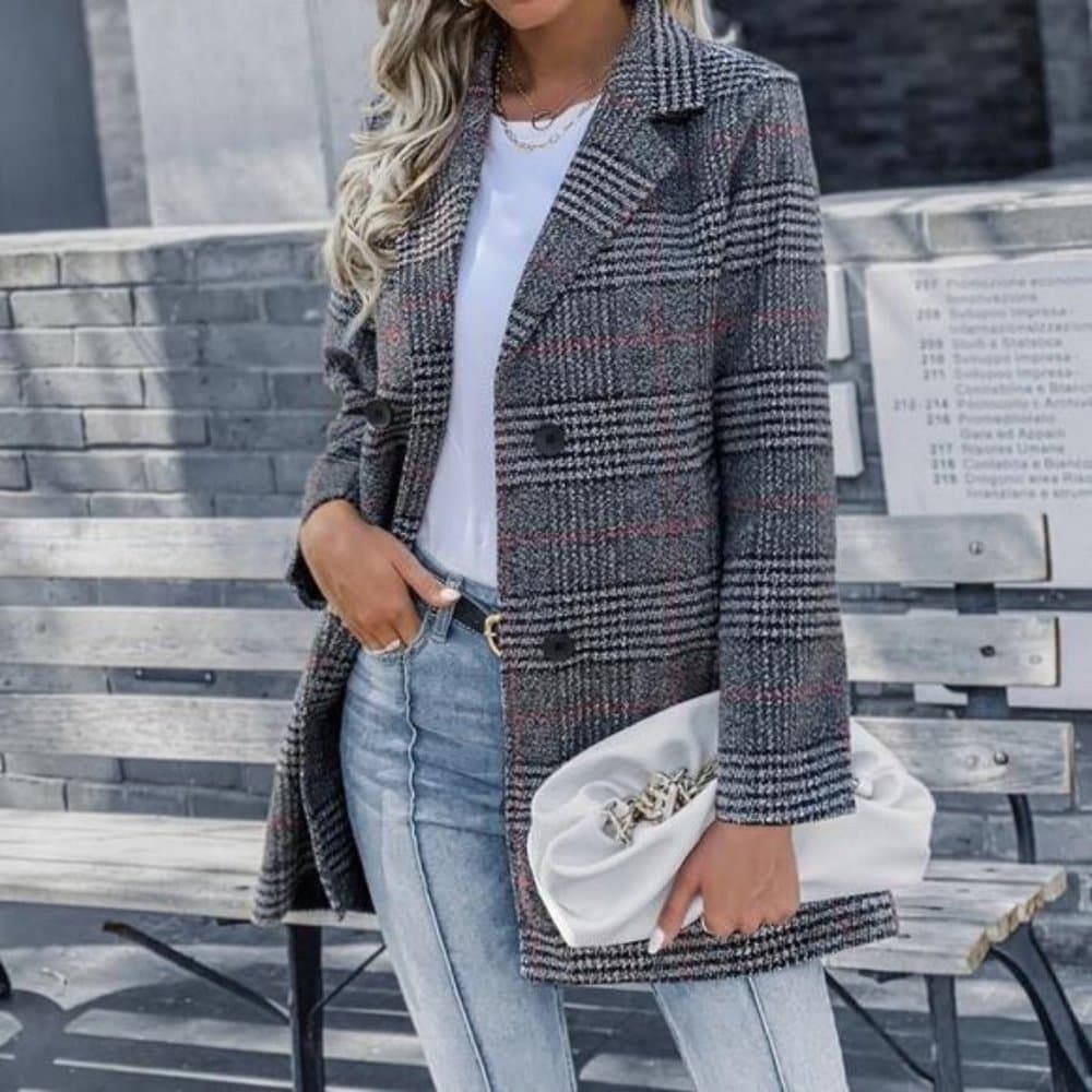 Cozy Plaid Button up Trench Pea Coat Jacket - Thumbnail 4