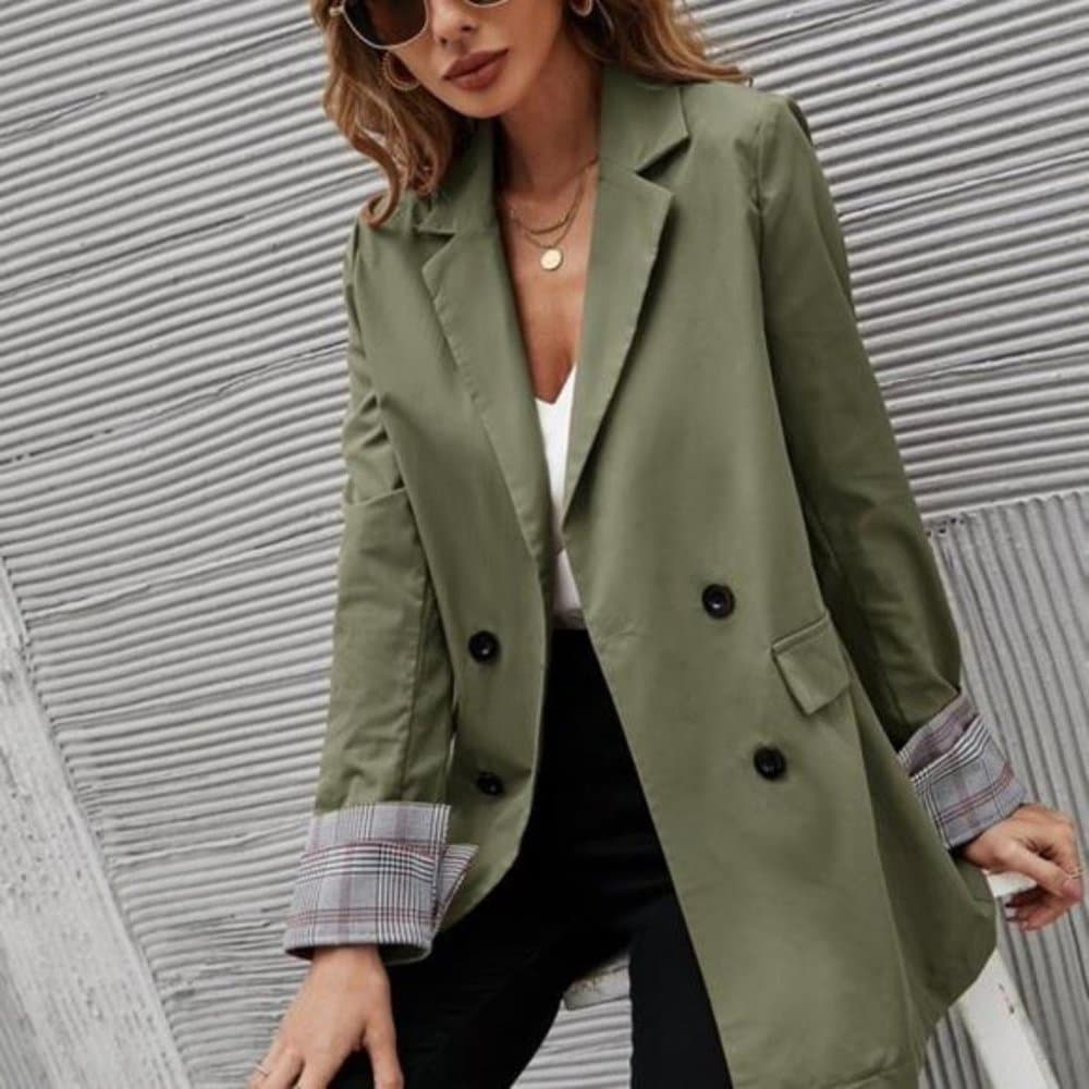 Classic Army Green Plaid Cuff Button Blazer Work