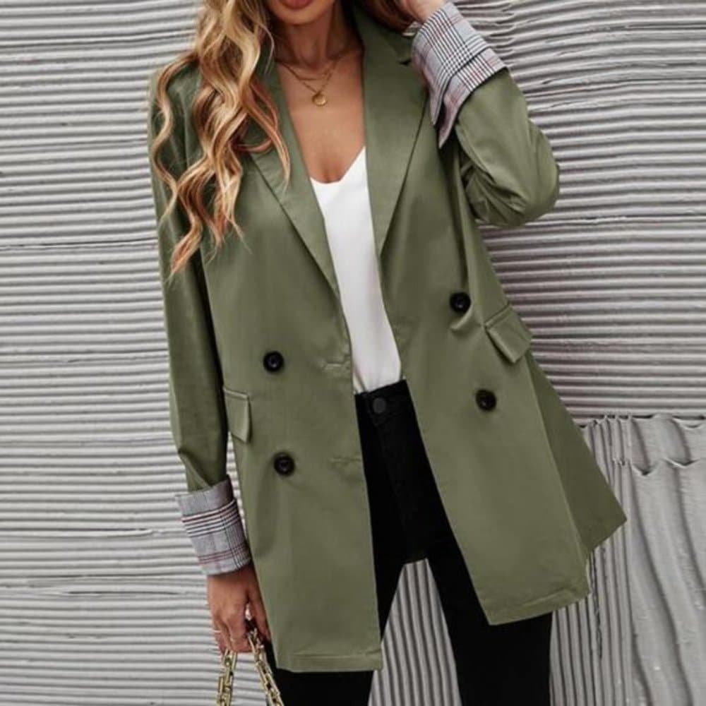 Classic Army Green Plaid Cuff Button Blazer Work - Thumbnail 9