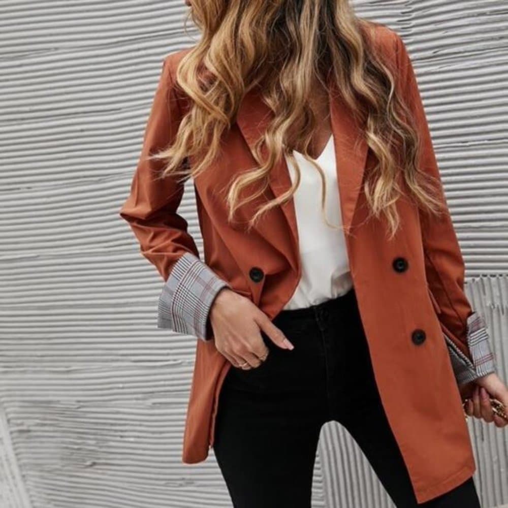 Classic Army Green Plaid Cuff Button Blazer Work - Thumbnail 7