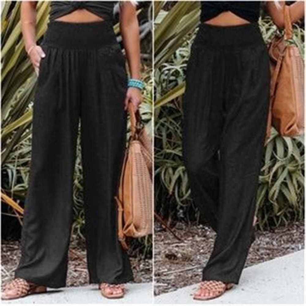 Solid Split Leg Hem Belted Wide Leg Palazzo Pants - Thumbnail 5