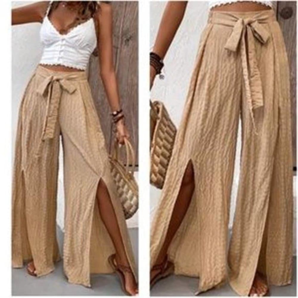 Solid Split Leg Hem Belted Wide Leg Palazzo Pants - Thumbnail 9