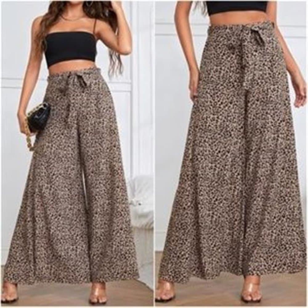 Solid Split Leg Hem Belted Wide Leg Palazzo Pants - Thumbnail 3
