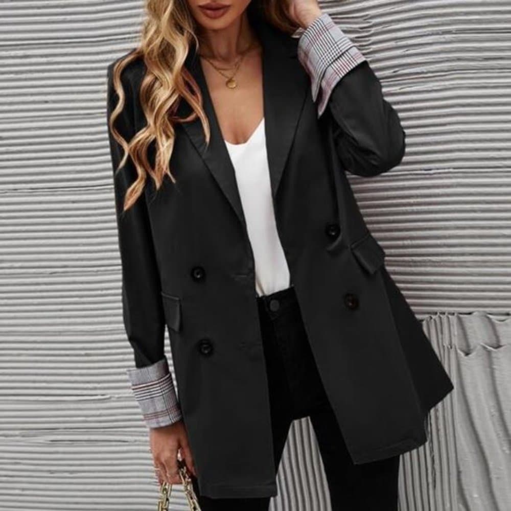 Classic Army Green Plaid Cuff Button Blazer Work - Thumbnail 6