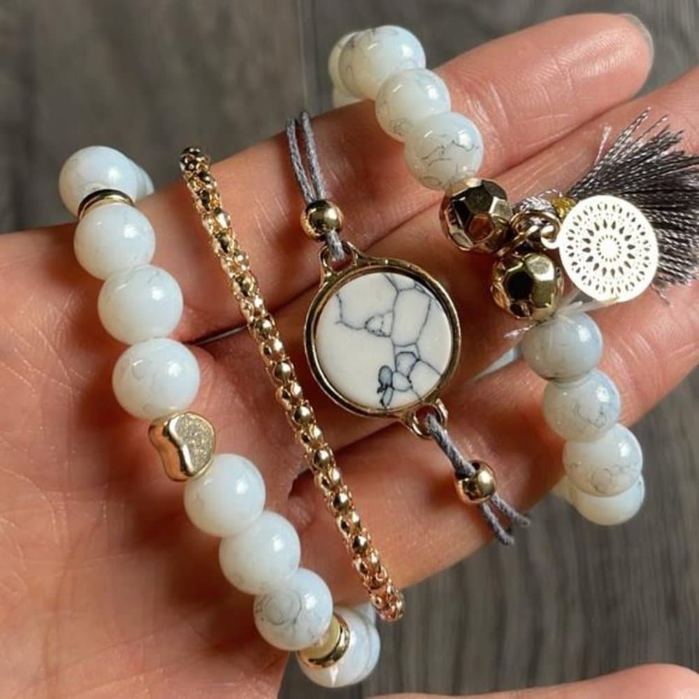 White bead tassel heart Gold Tone Bracelet set - Thumbnail 8