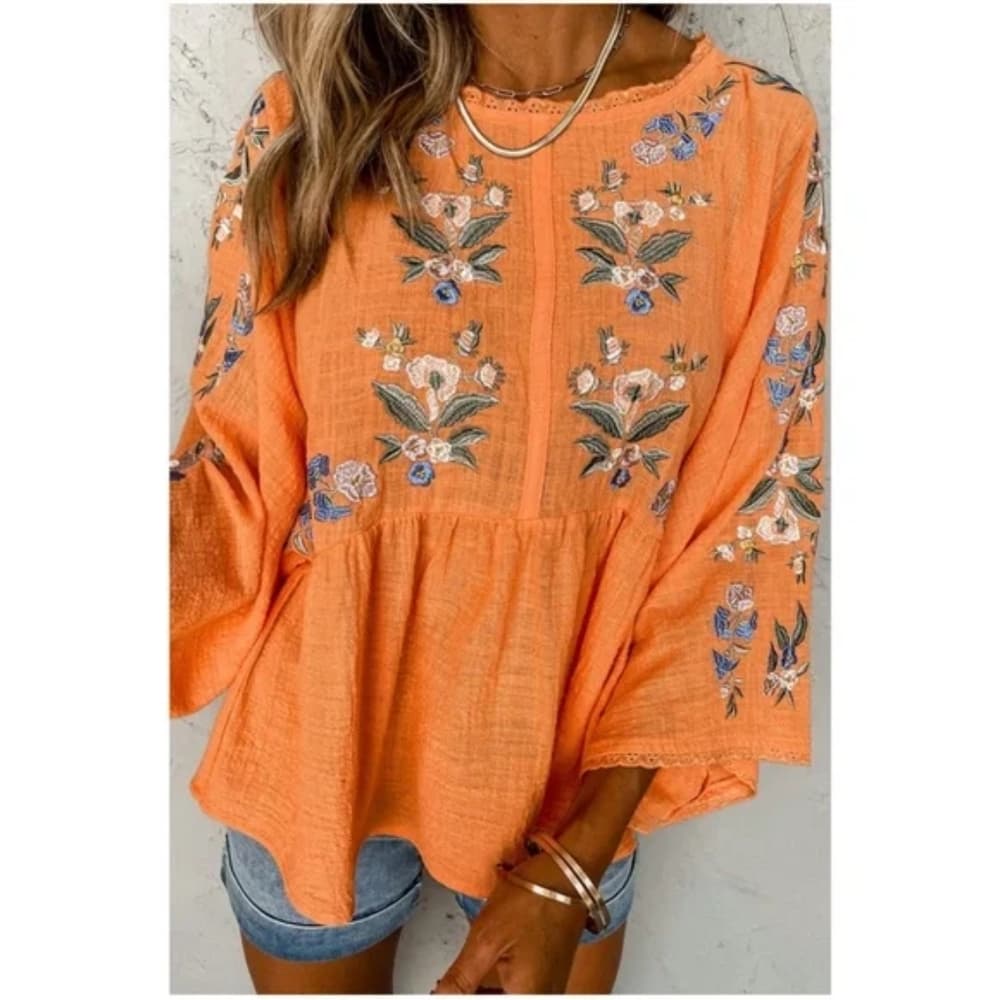 Kimono Sleeves Embroidered Top Casual Round Neck Floral Three Quarter Length Sle - Thumbnail 2