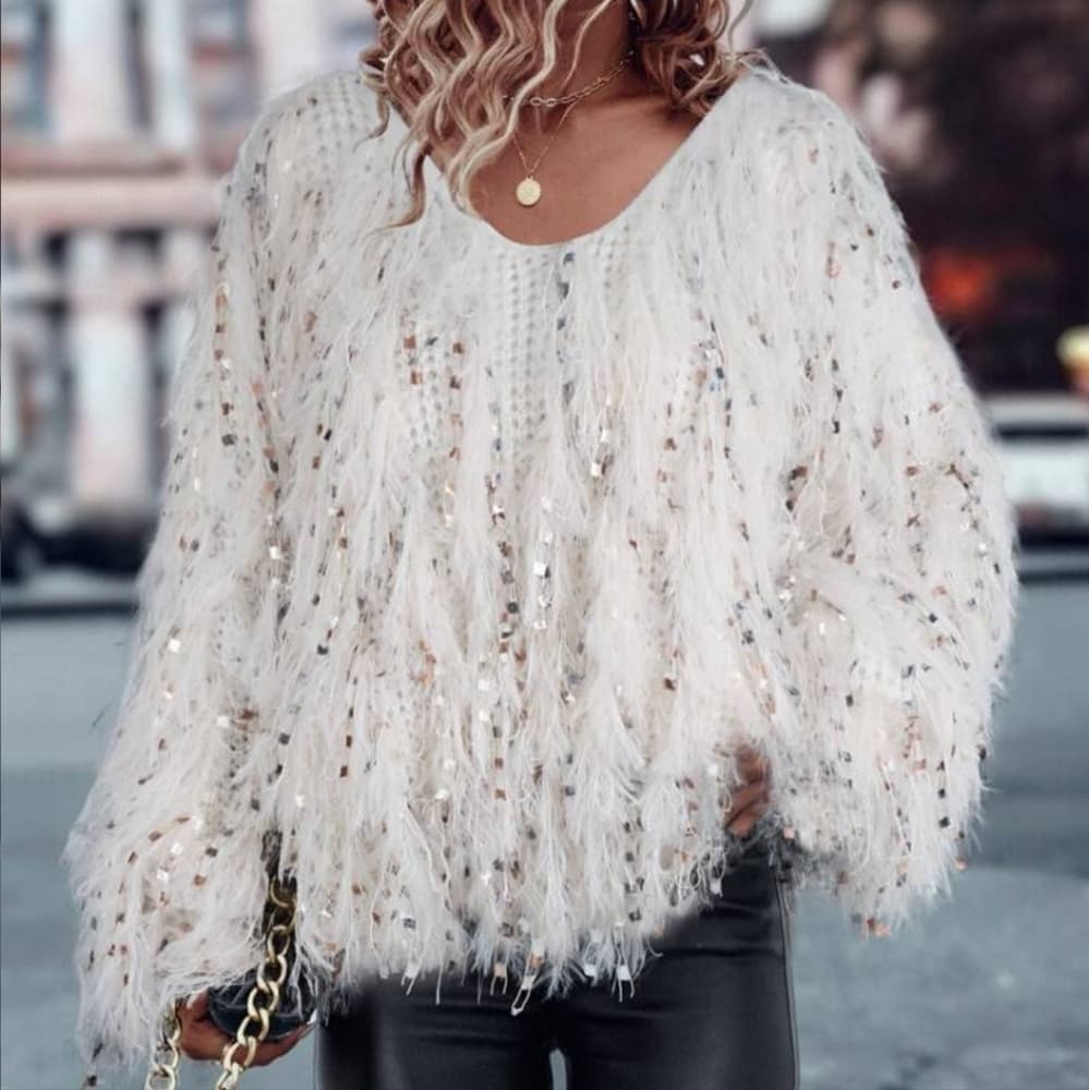 Beige V-Neck Fluffy Knit Sweater - Thumbnail 4