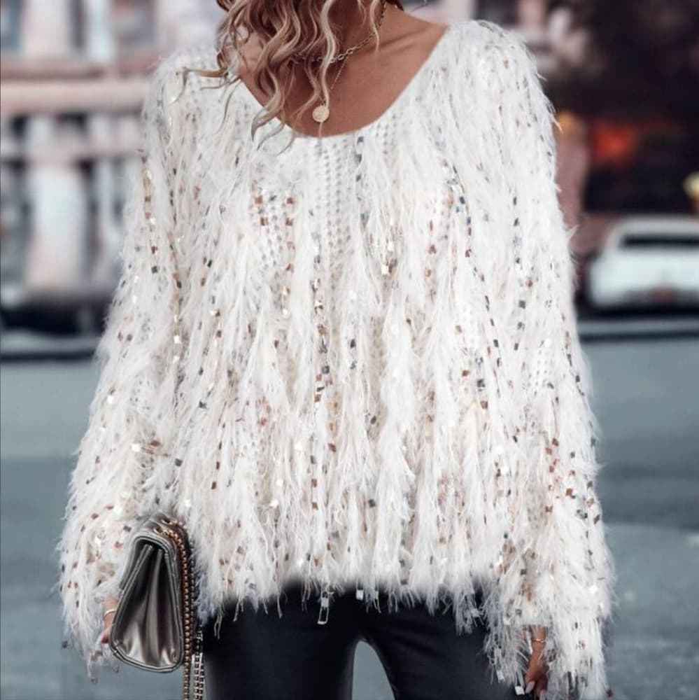 Beige V-Neck Fluffy Knit Sweater - Thumbnail 3