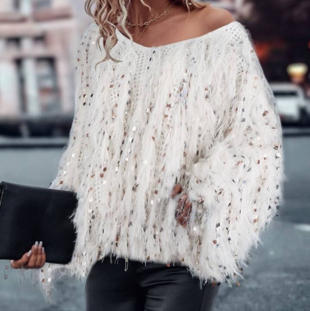 Beige V-Neck Fluffy Knit Sweater - Thumbnail 5