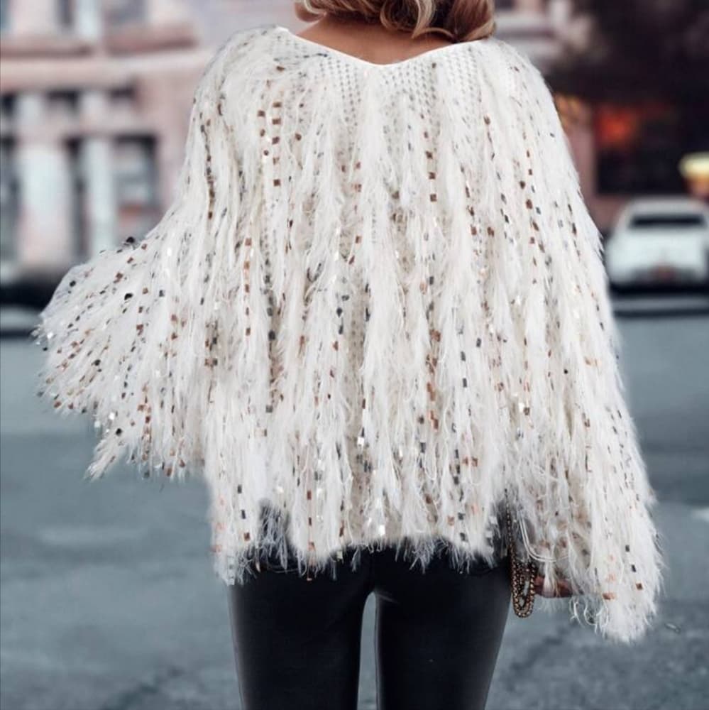 Beige V-Neck Fluffy Knit Sweater