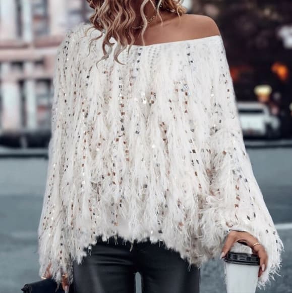 Beige V-Neck Fluffy Knit Sweater - Thumbnail 7