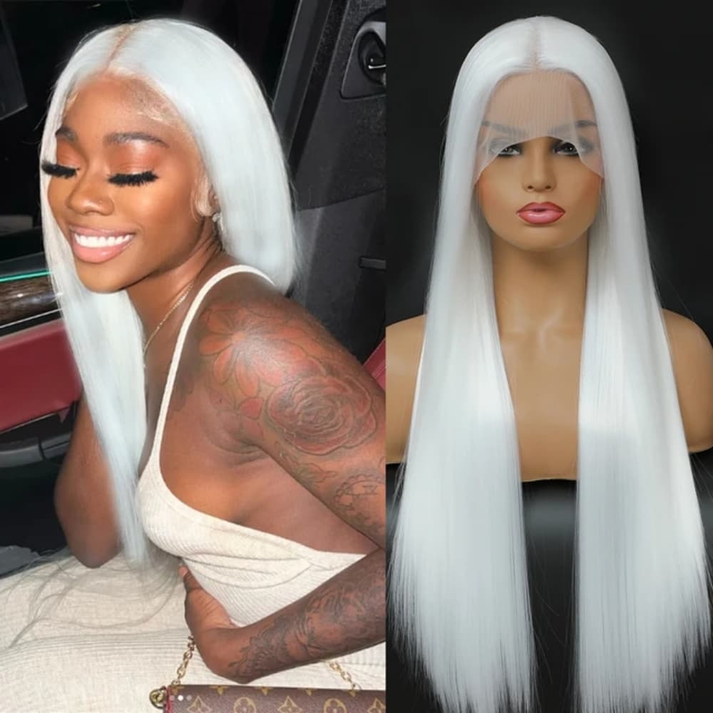 White Human Hair Blend Lace Front Wig
