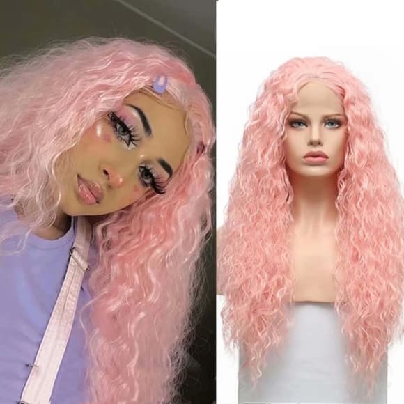 Pink Human Hair Blend Lace Front Wig - Thumbnail 2