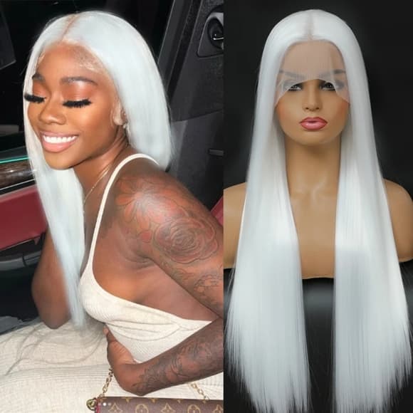 White Human Hair Blend Lace Front Wig - Thumbnail 2