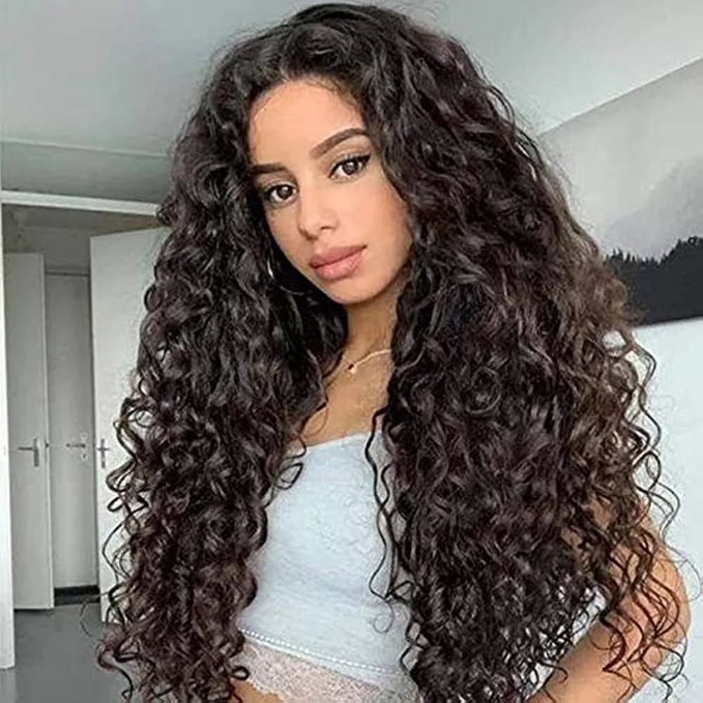 Dark Brown Curly Human Hair Blend Lace Front Wig - Thumbnail 4