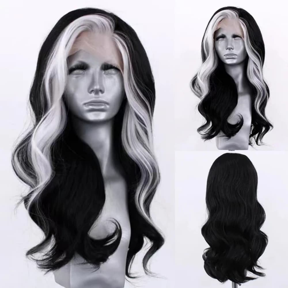 Black White Human Hair Blend Lace Front Wig - Thumbnail 2