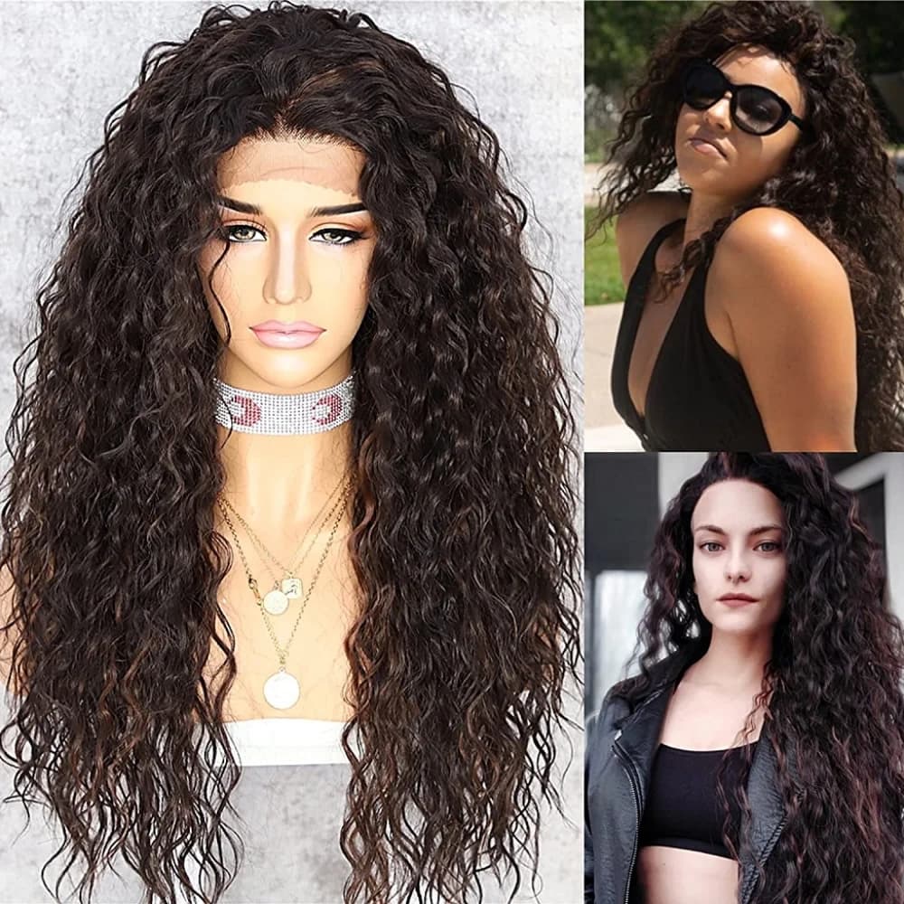 Dark Brown Curly Human Hair Blend Lace Front Wig