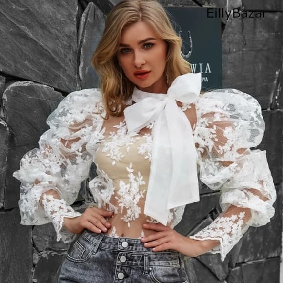 Baroque Print Mock Neck Mesh Top Without Bra - Thumbnail 7