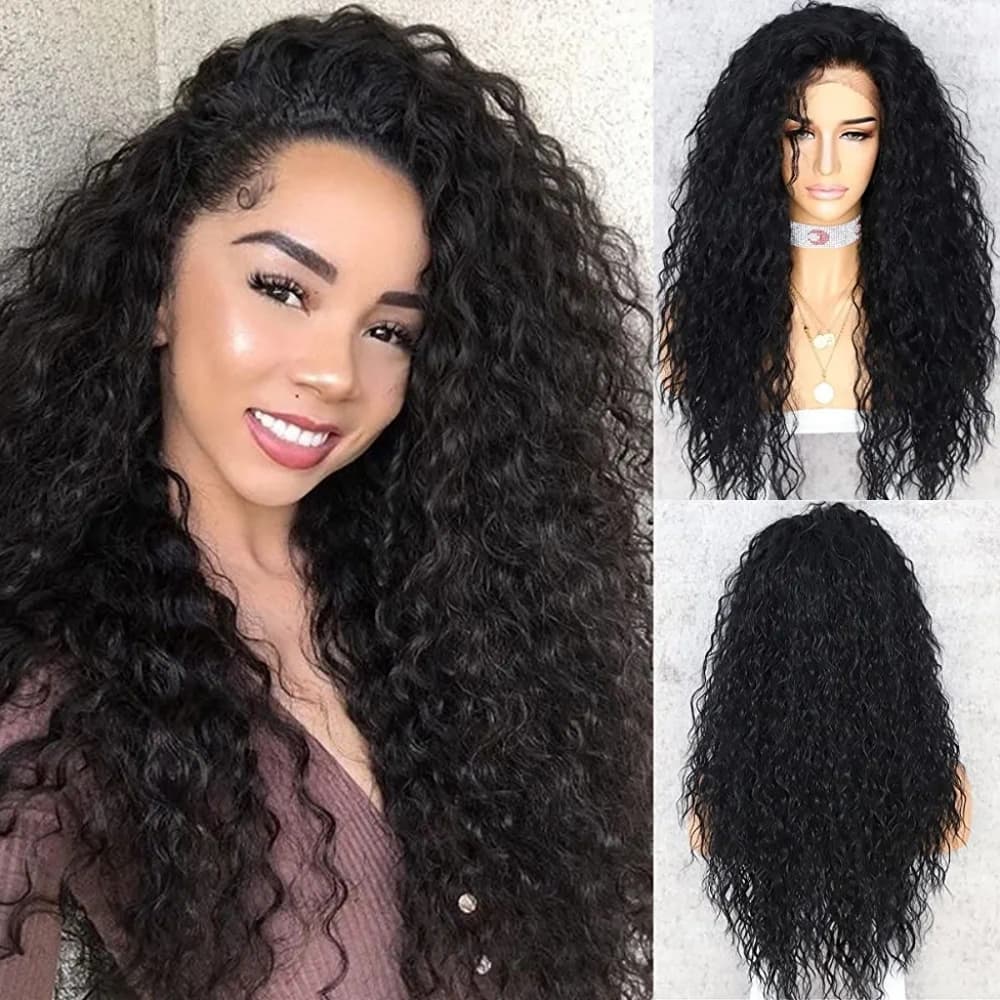 Dark Brown Curly Human Hair Blend Lace Front Wig - Thumbnail 2