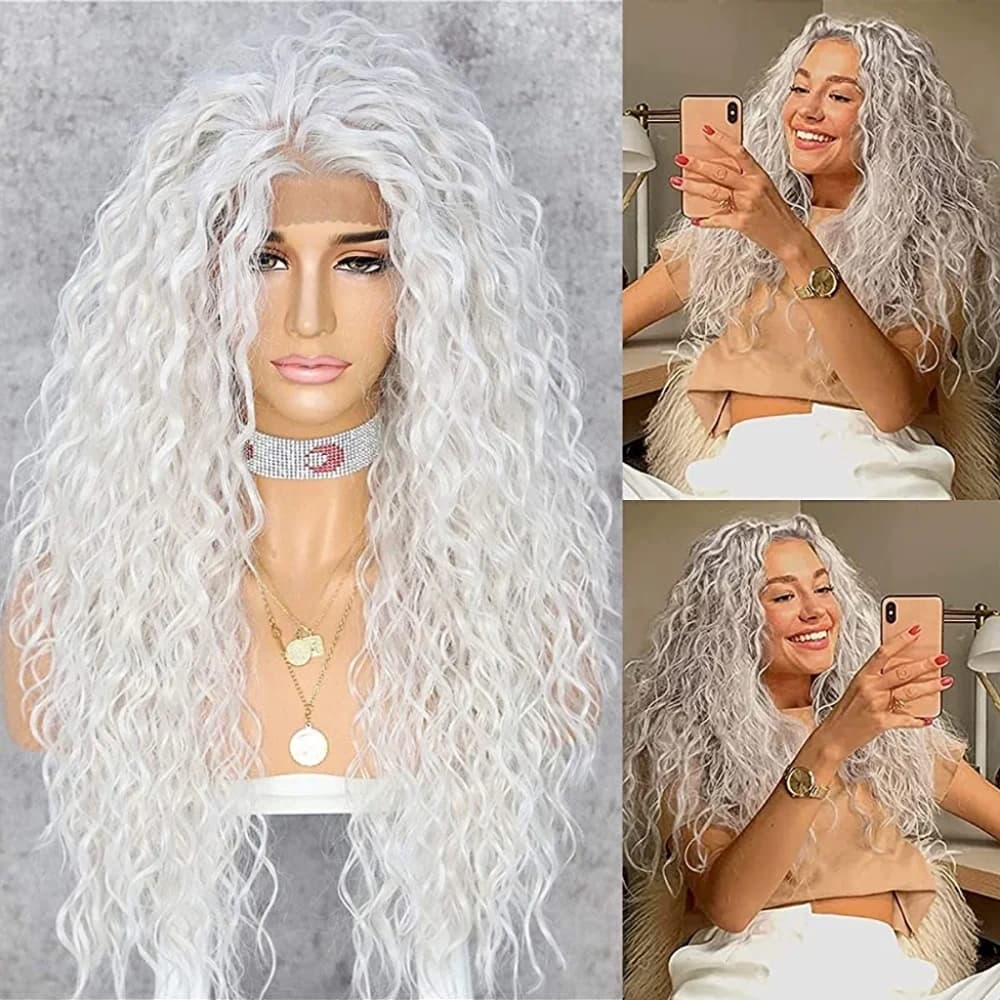 White Wavy Human Hair Blend Lace Front Wig