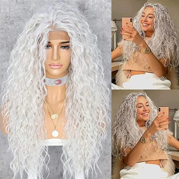 White Wavy Human Hair Blend Lace Front Wig - Thumbnail 2