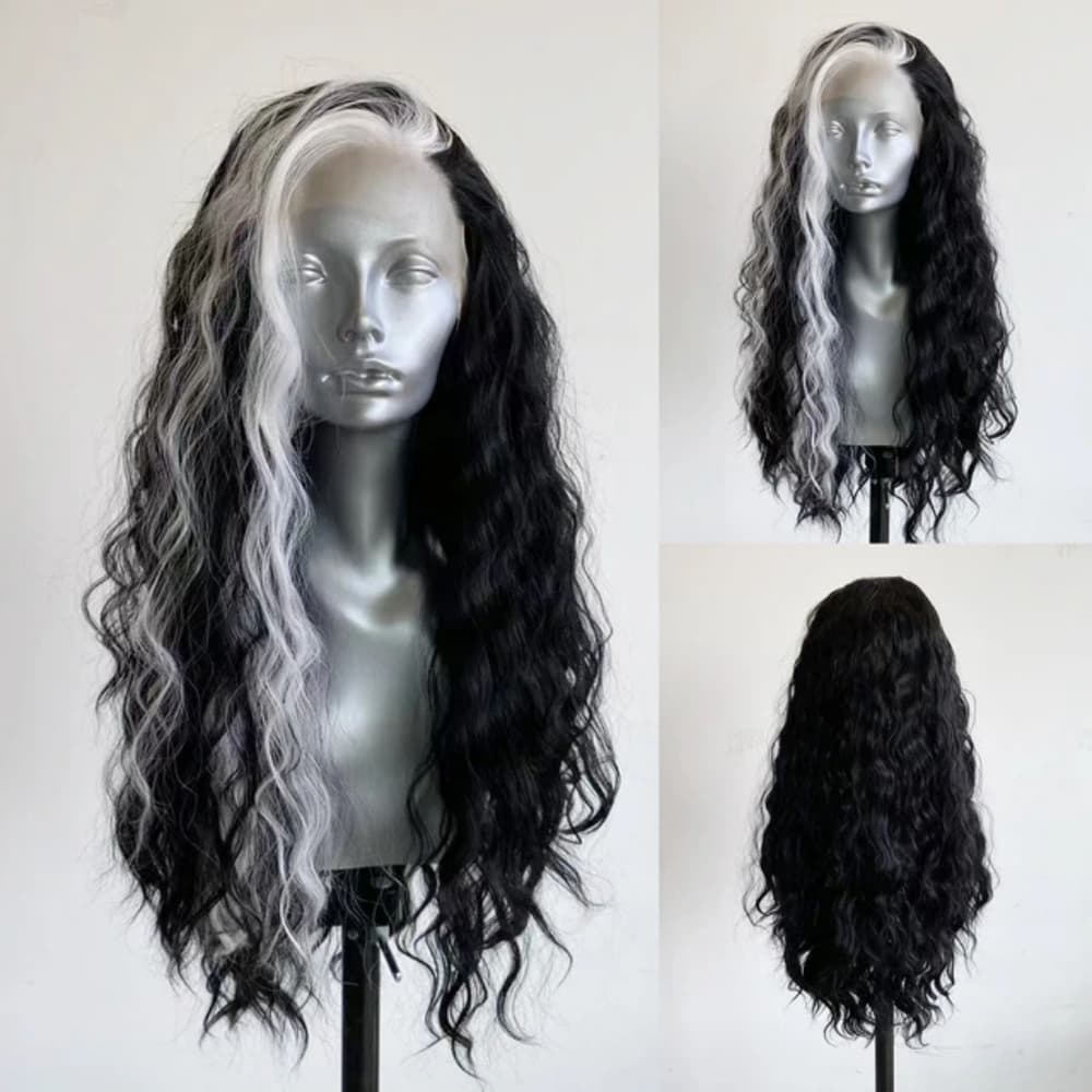 Black White Human Hair Blend Lace Front Wig - Thumbnail 3