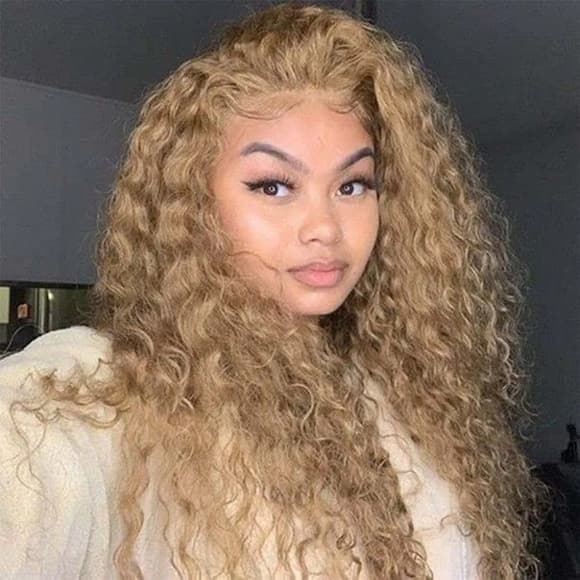 Blonde Curly Human Hair Blend Lace Front Wig - Thumbnail 5