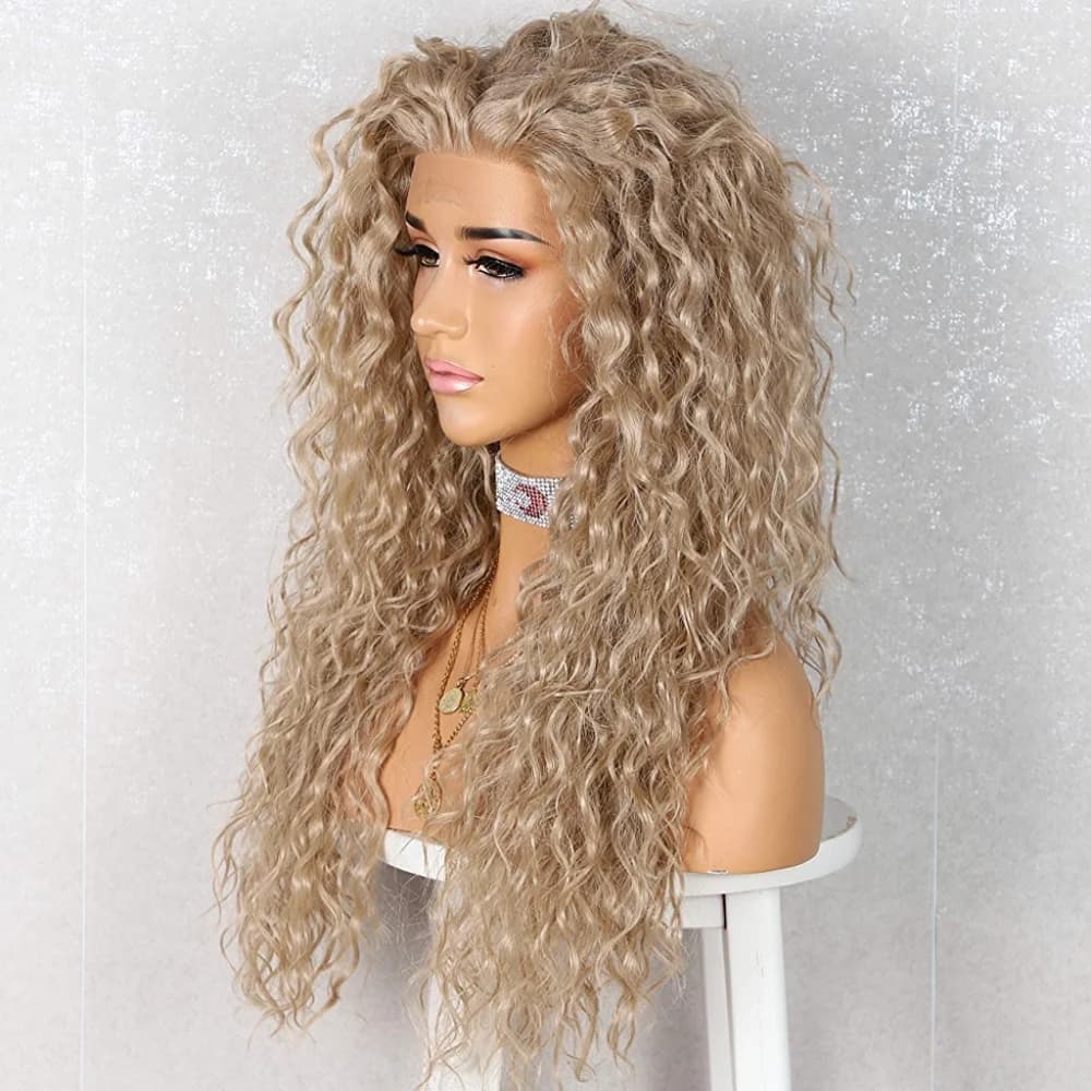 Blonde Curly Human Hair Blend Lace Front Wig