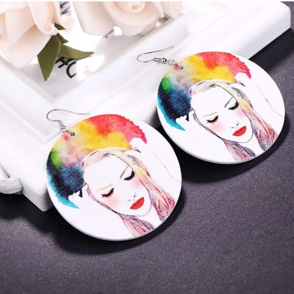 Black African American Wood Round Retro Hook Earrings - Thumbnail 2