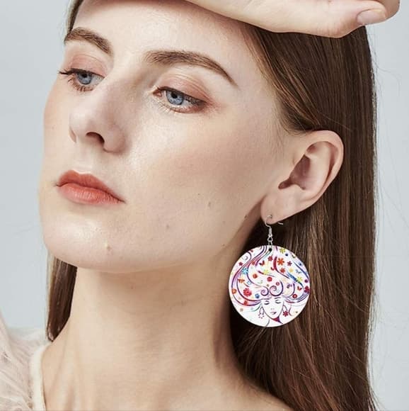 Black African American Wood Round Retro Hook Earrings - Thumbnail 2