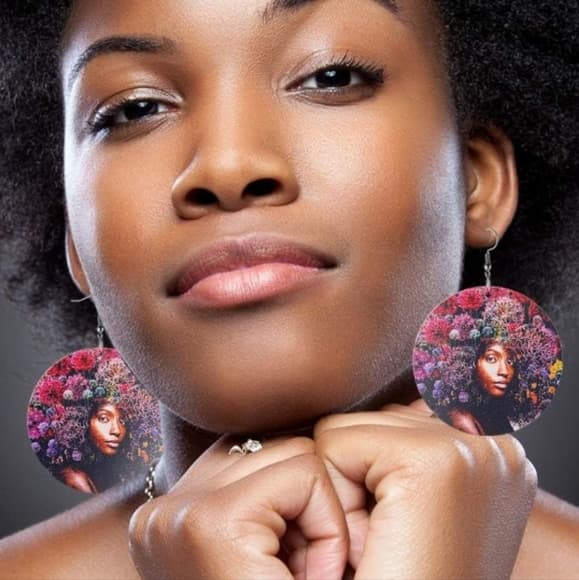 Black African American Wood Round Retro Hook Earrings - Thumbnail 2