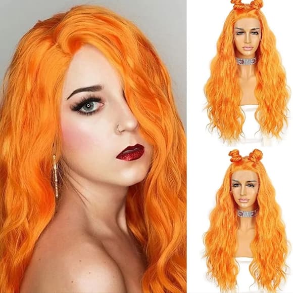 Orange Curly Wavy Lace Front Wig - Thumbnail 6