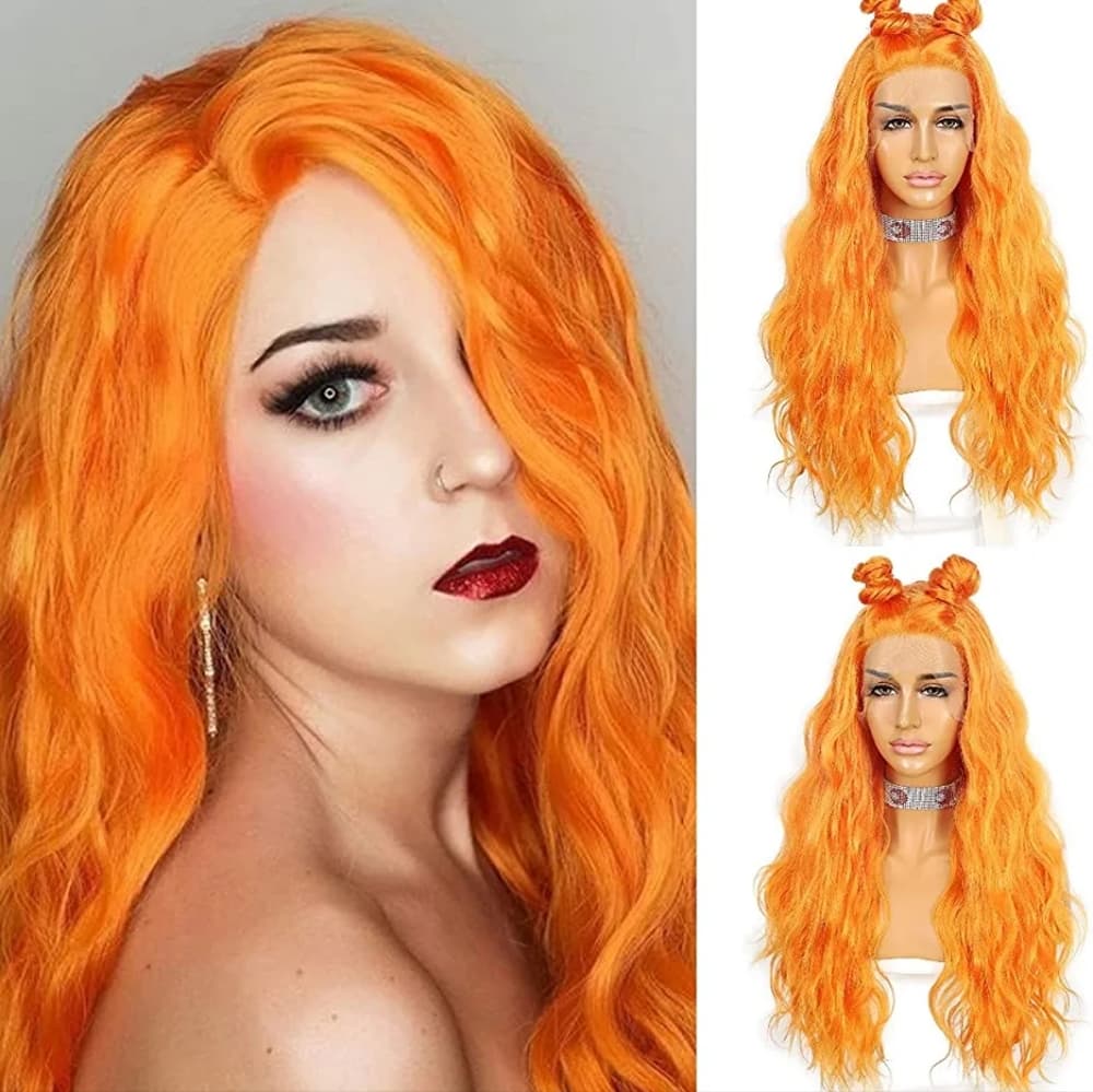Orange Curly Wavy Lace Front Wig - Thumbnail 5