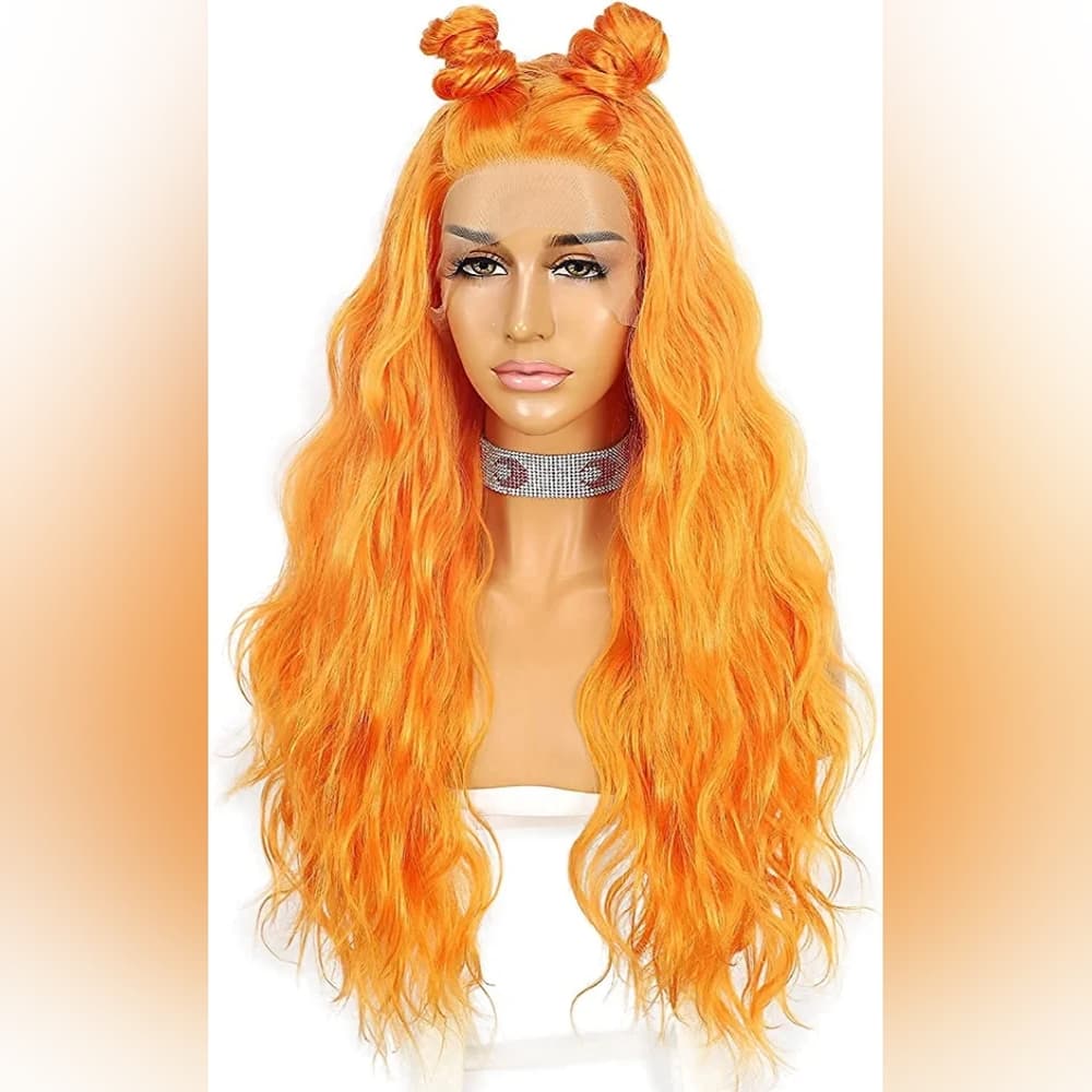Orange Curly Wavy Lace Front Wig - Thumbnail 3