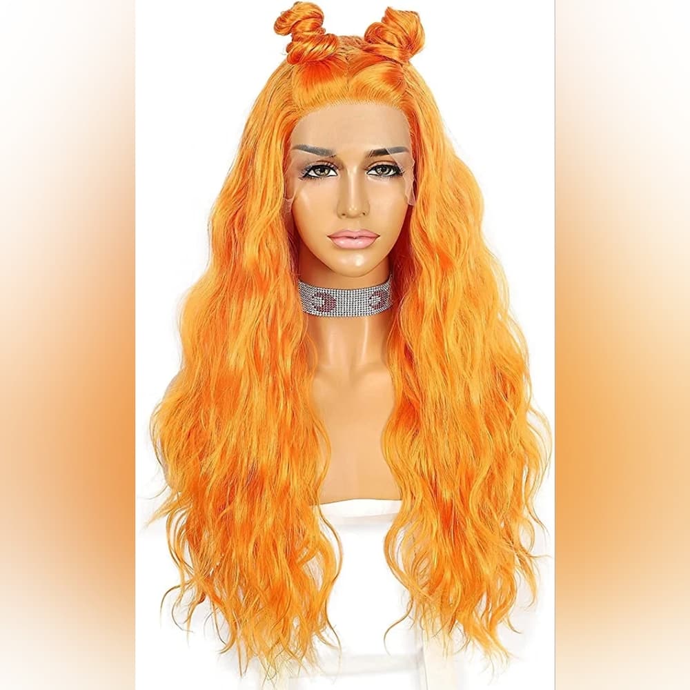 Orange Curly Wavy Lace Front Wig - Thumbnail 2