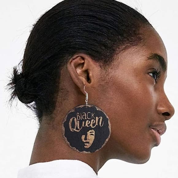 Black African American Wood Round Retro Hook Earrings - Thumbnail 2