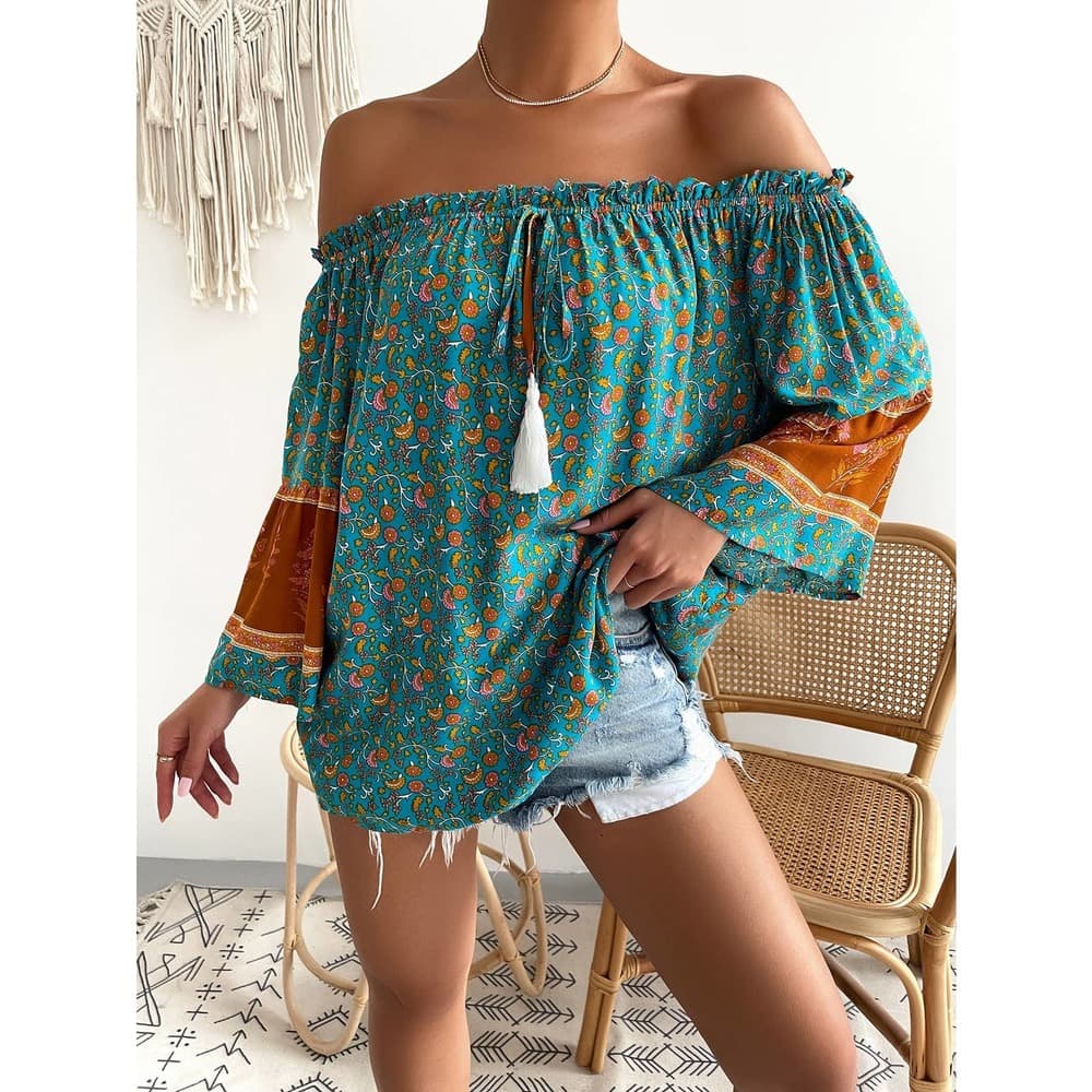Allover Floral Print Off The Shoulder Tassel Tie Front Blouse - Thumbnail 5