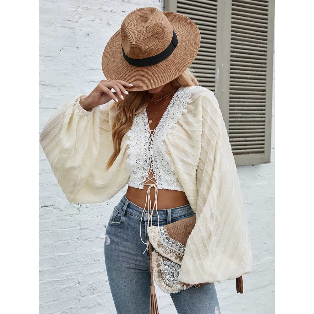 Lantern Sleeve Lace Up Front Crop Blouse - Thumbnail 7