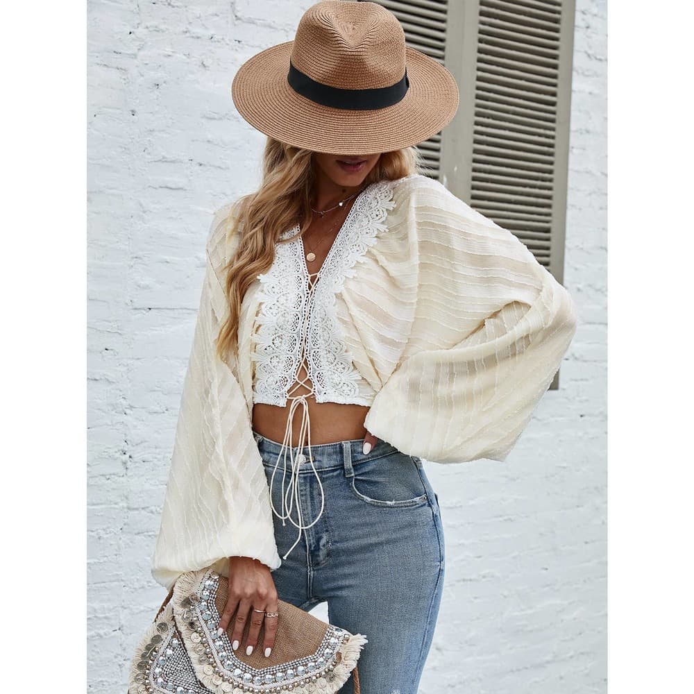 Lantern Sleeve Lace Up Front Crop Blouse - Thumbnail 4