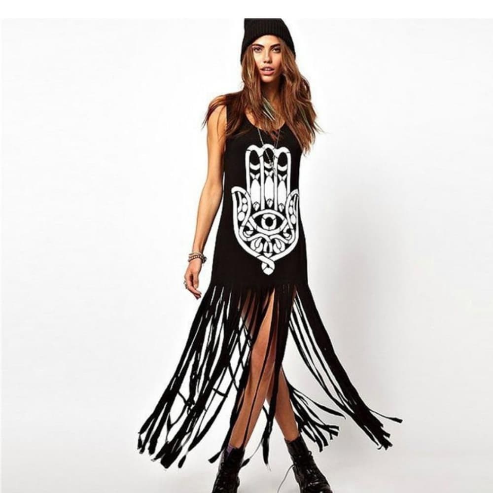 HIPPIE TASSEL LONG TEE DRESS CASUAL PUNK MAXI DRES - Thumbnail 6