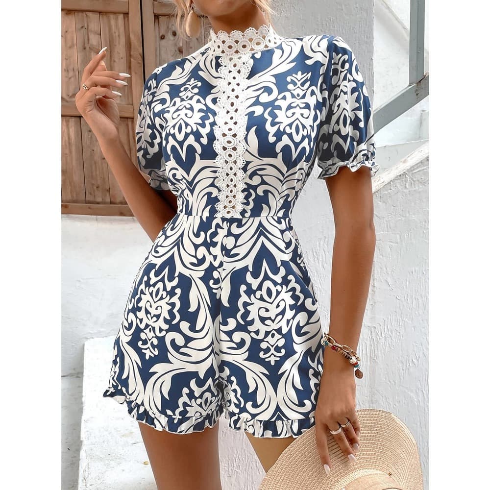 Random Baroque Print Guipure Lace Panel Puff Sleeve Romper - Thumbnail 6