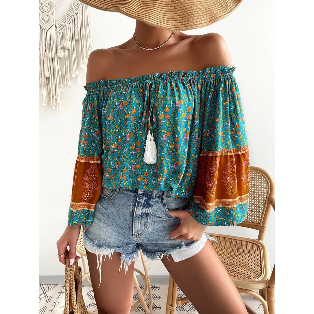 Allover Floral Print Off The Shoulder Tassel Tie Front Blouse - Thumbnail 4