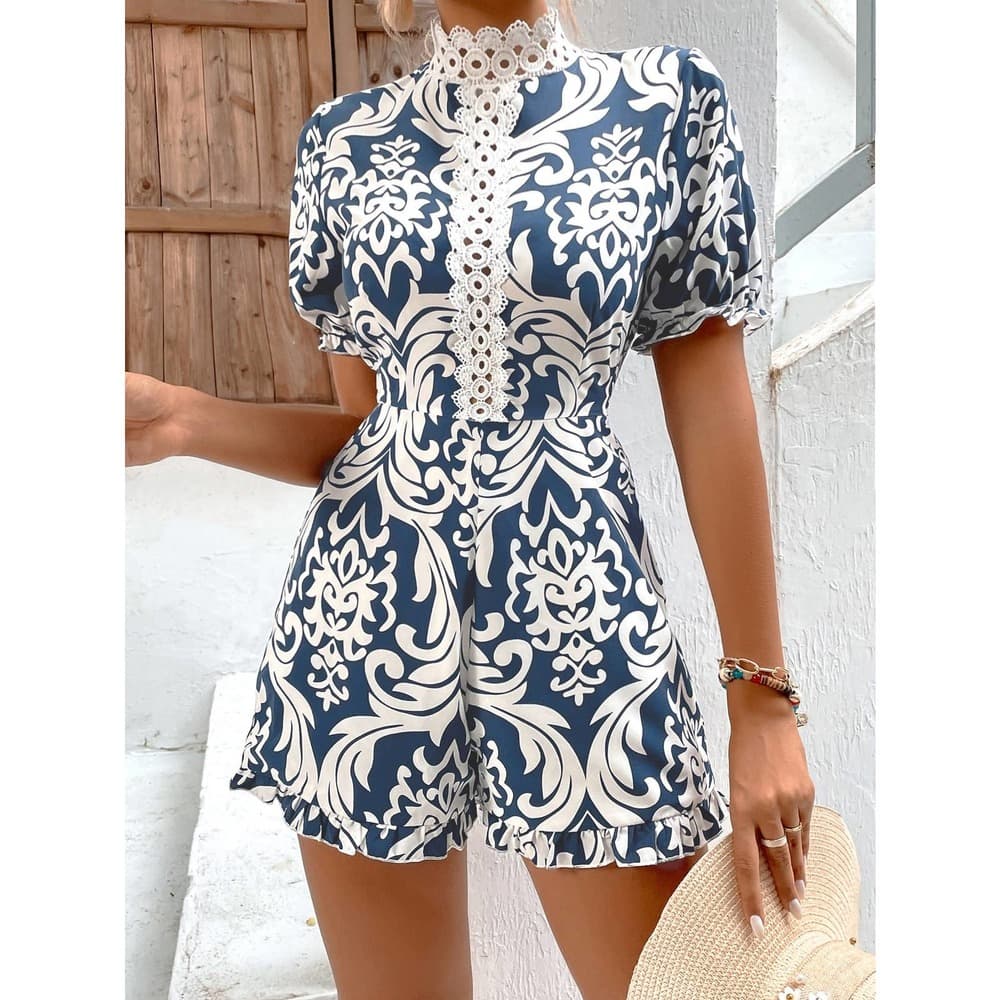 Random Baroque Print Guipure Lace Panel Puff Sleeve Romper - Thumbnail 2